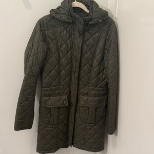 Barbour olive green long quilted jacket